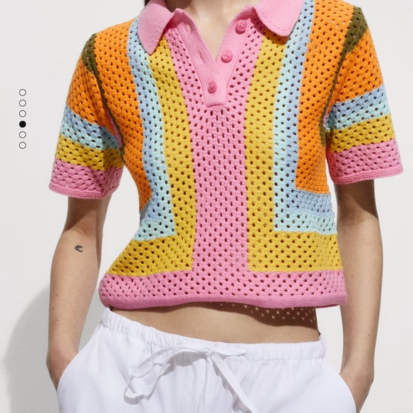 Crochet collard polo shirt. Pink buttons multi color knit - Picture 8 of 10